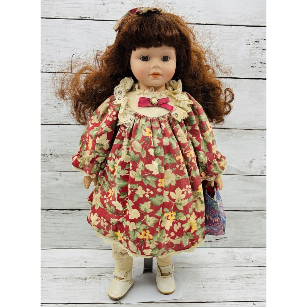 Vintage Porcelain Girl Doll Auburn Hair Floral Dress Purse 16 Inch